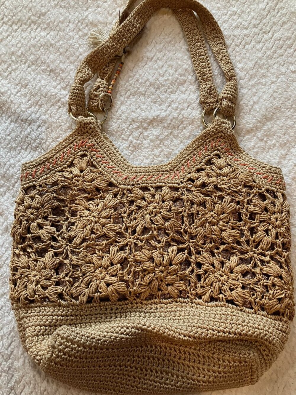 The Sak Crochet Shoulder Bag Tan Floral Knit Tassel Boho Straw Woven Tote Purse - Picture 6 of 12